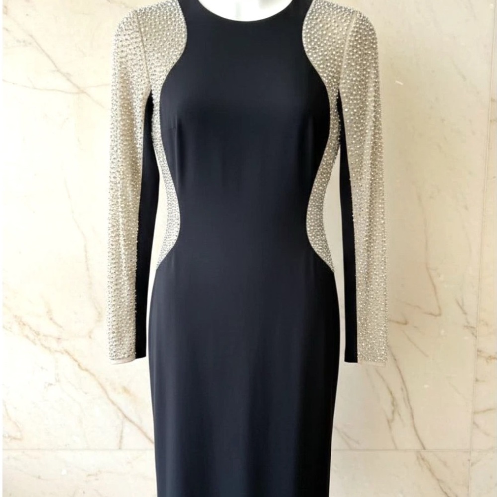Xscape Black Long-Sleeve Dress with Silver Crystal-Embellished Sleeves